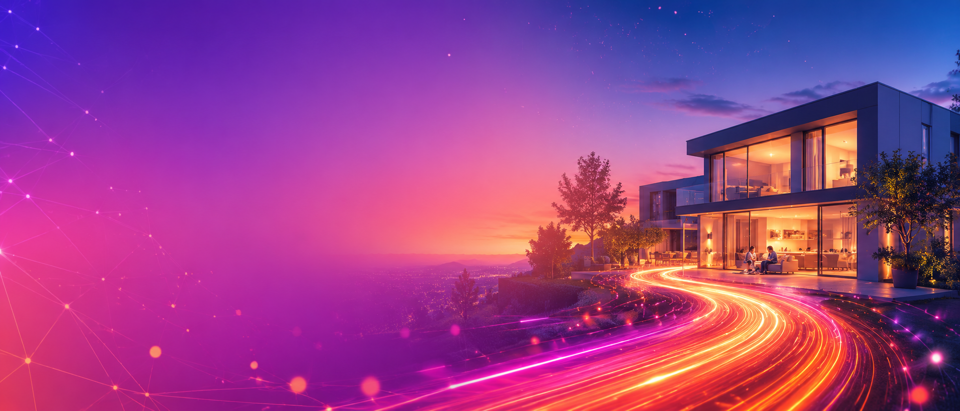 Casa moderna iluminada junto a trazos de luz que representan una conexión de fibra