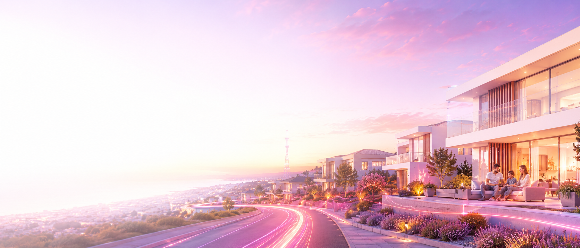 Zona residencial al atardecer conectada por trazos luminosos