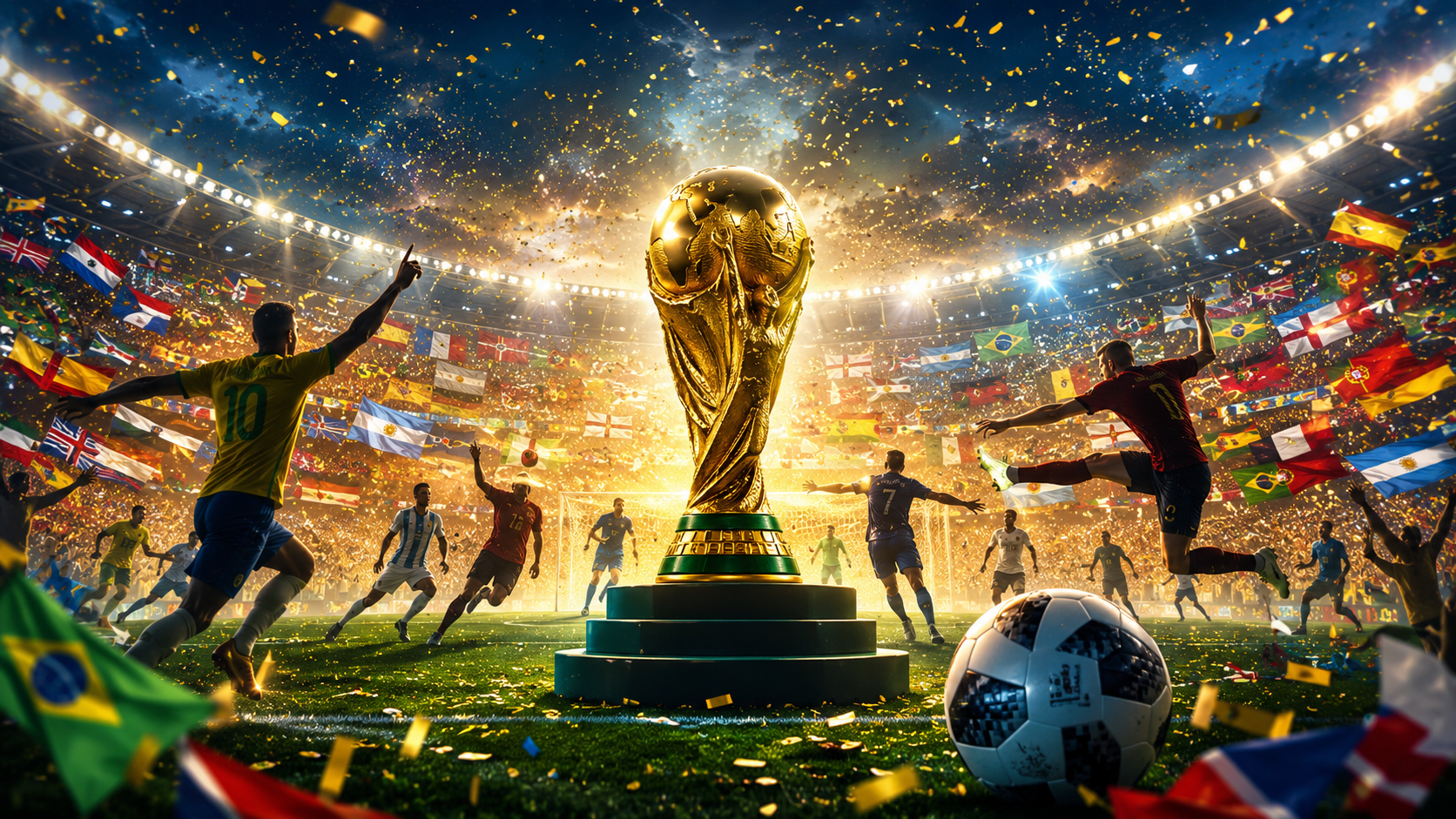 Escena gráfica de fútbol con estadio, jugadores y un trofeo dorado
